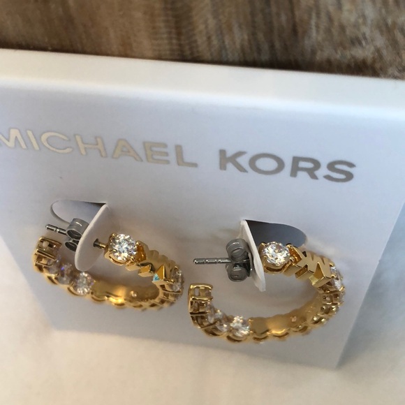 Michael Kors Gold Tone MK Logo & Cubic Zirconia Hoop Earrings NWT - Picture 10 of 16